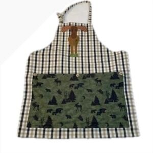 Handmade‎ Plaid Apron Moose Bear Forest Kitchen Deep Pockets Cabincore Cottage